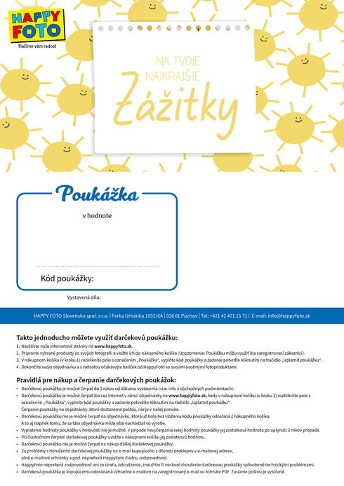 Darčeková poukážka so slniečkami a nápisom Na Tvoje najkrajšie zážitky