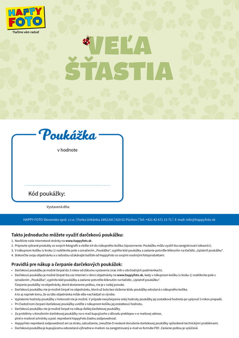 Darčeková poukážka so štvorlístkami, lienkou a nápisom Veľa šťastia