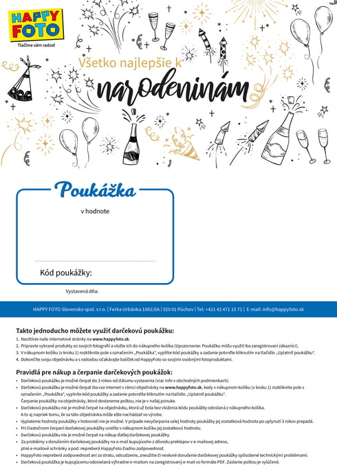 Darčeková poukážka s narodeninovými motívmi a nápisom Všetko najlepšie k narodeninám