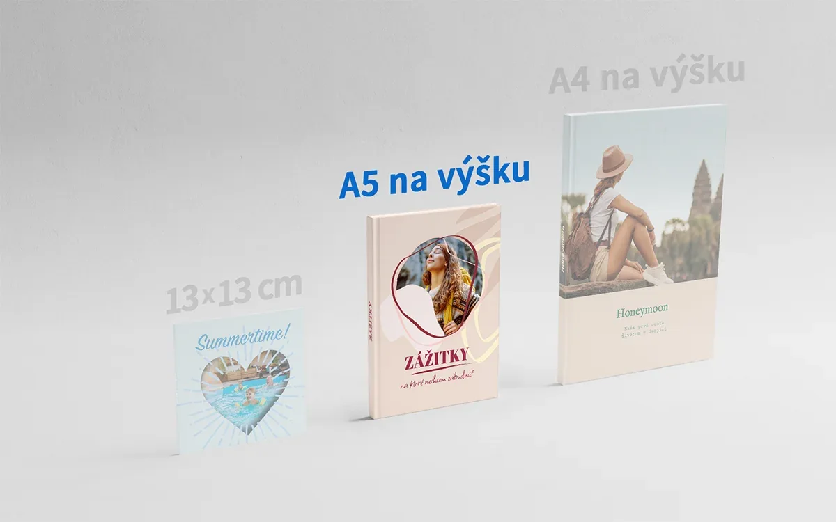 Porovnanie formátov fotokníh – HAPPY Fotokniha • cca A5 na výšku HAPPY Fotokniha • cca A5 na výšku v porovnaní s formátmi 13×13 cm a A4 na výšku