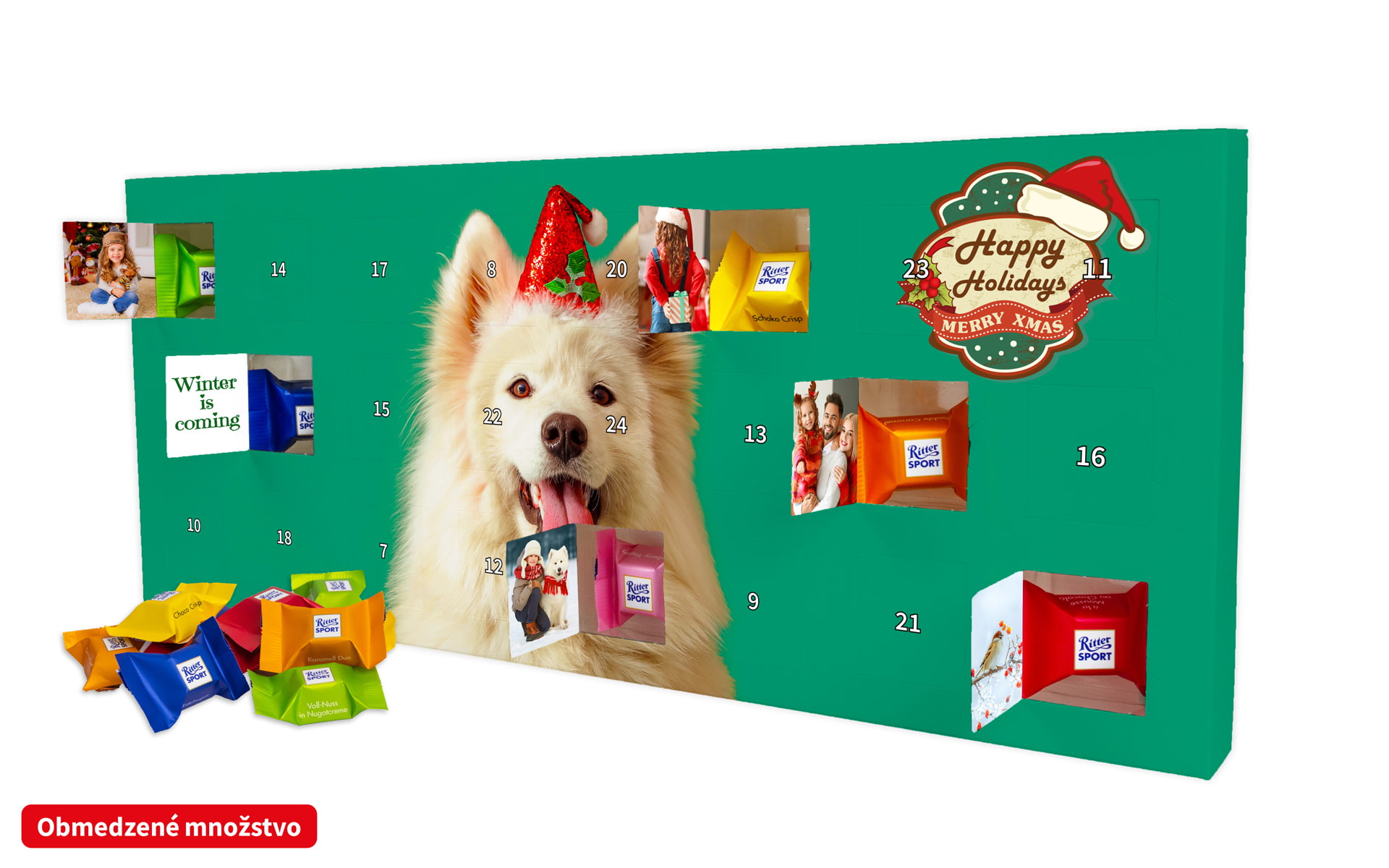 Exkluzívny čokoládový adventný fotokalendár Ritter Sport s potlačou okienok  Exkluzívny čokoládový adventný fotokalendár Ritter Sport s potlačou okienok