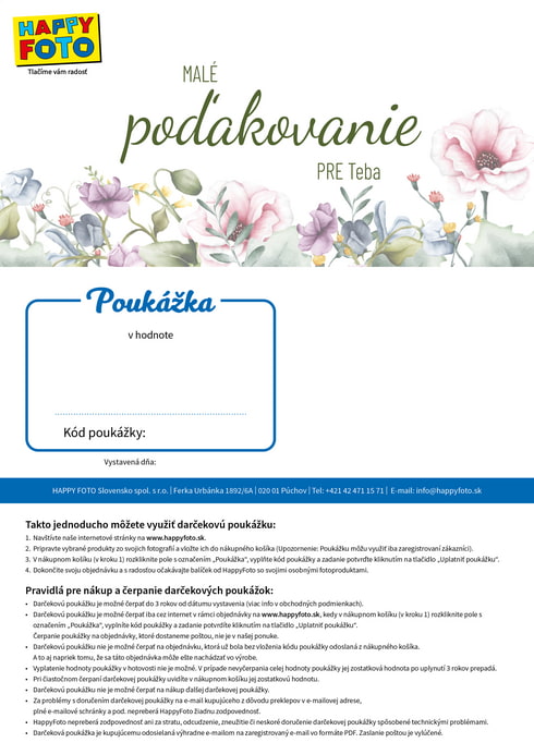 Darčeková poukážka s kvetmi a nápisom Malé poďakovanie pre Teba