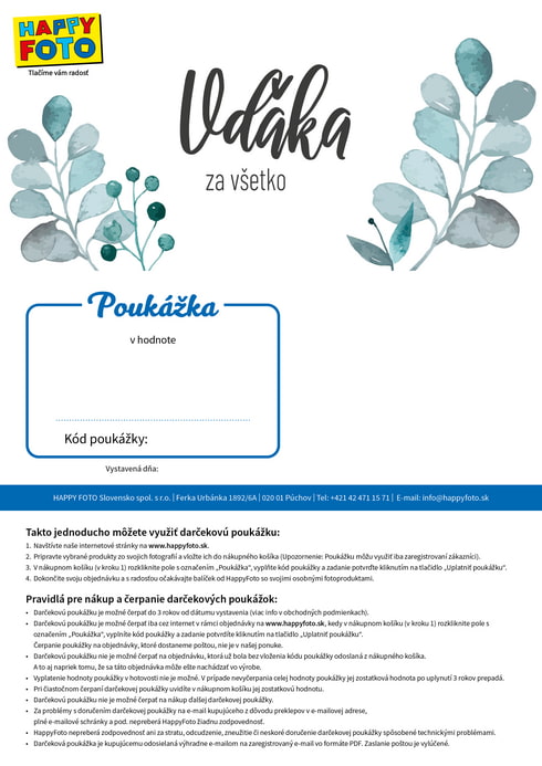 Darčeková poukážka s motívom modrozelených listov a nápisom Vďaka za všetko