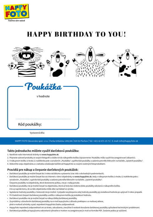 Darčeková poukážka so štyrmi spievajúcimi zvieratkami a nápisom Happy Birthday to You