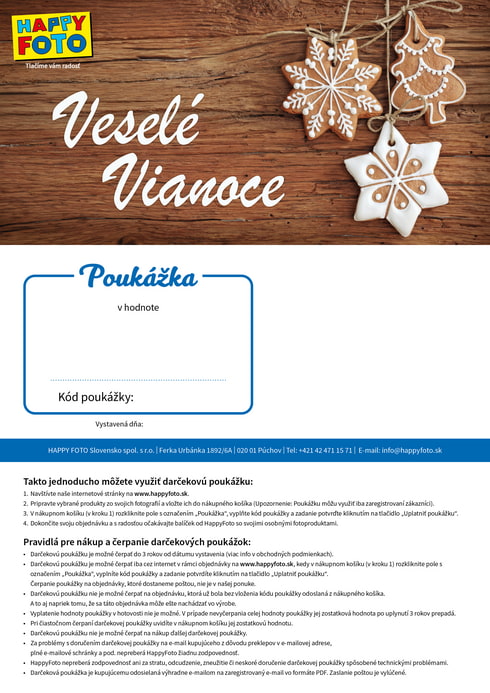 Darčeková poukážka s vianočnými medovníkmi na drevenom pozadí a nápisom Veselé Vianoce