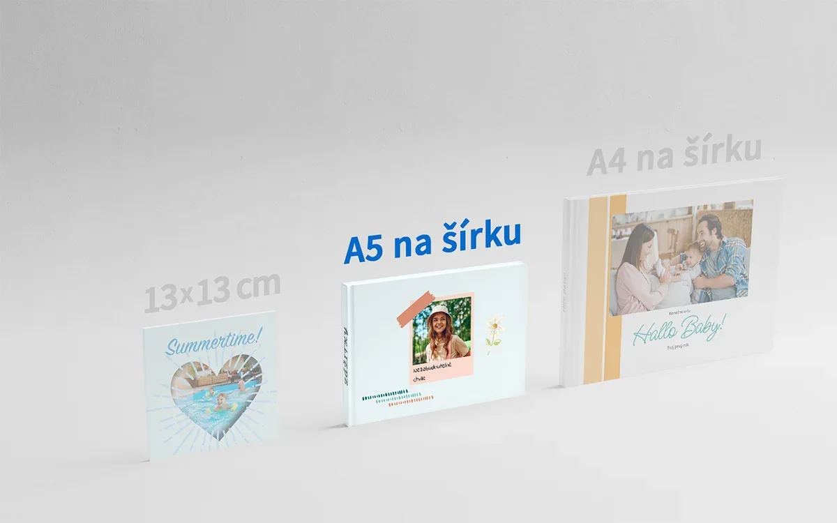 Porovnanie formátov fotokníh – HAPPY Fotokniha • cca A5 na šírku HAPPY Fotokniha • cca A5 na šírku v porovnaní s formátmi 13×13 cm a A4 na šírku