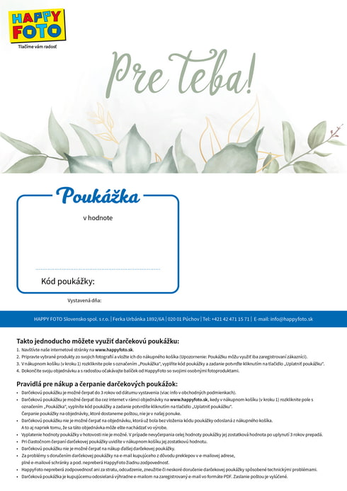 Darčeková poukážka s nápisom Pre Teba a motívom zelených listov