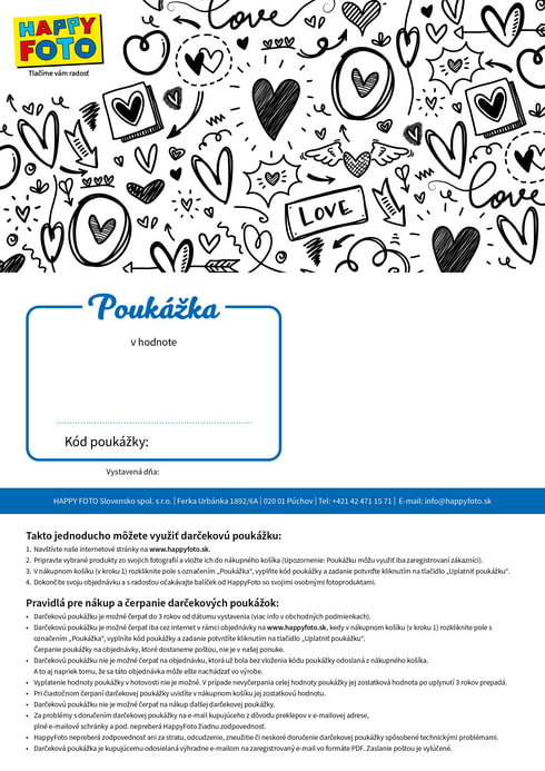 Darčeková poukážka s čiernobielymi kresbami srdiečok a motívmi lásky
