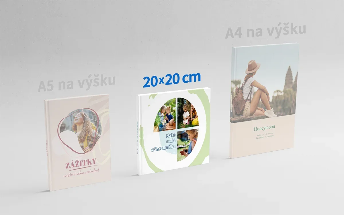 Porovnanie formátov fotokníh – HAPPY Fotokniha • cca 20×20 cm HAPPY Fotokniha • cca 20×20 cm v porovnaní s formátmi A5 na výšku a A4 na výšku