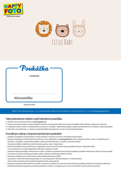 Darčeková poukážka s ilustráciami leva, medvedíka a zajačika a nápisom Little Baby