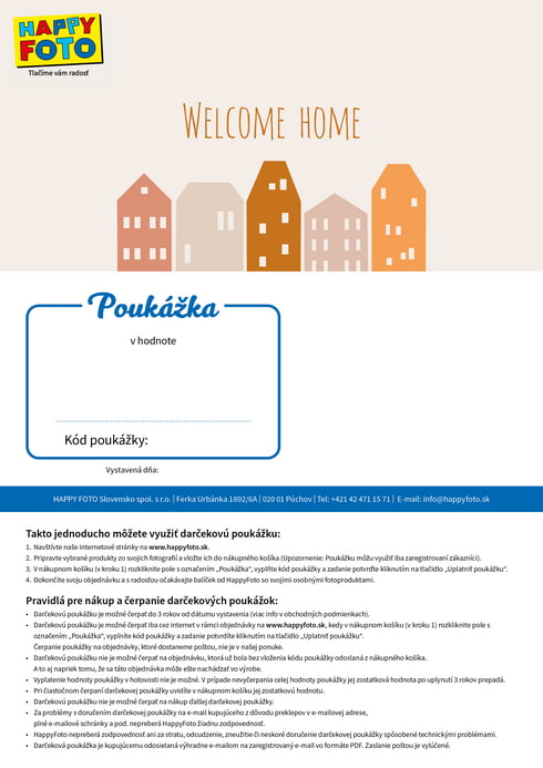 Darčeková poukážka s ilustráciami domčekov a nápisom Welcome Home