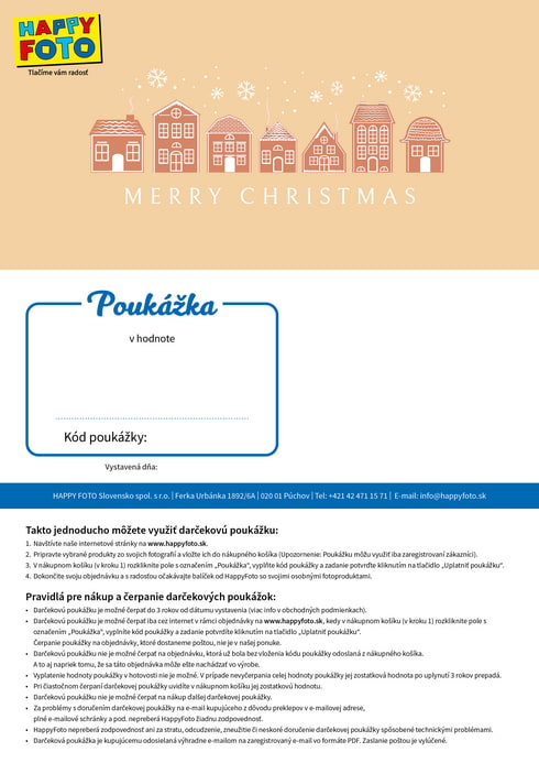 Darčeková poukážka so zimnými domčekmi a nápisom Merry Christmas